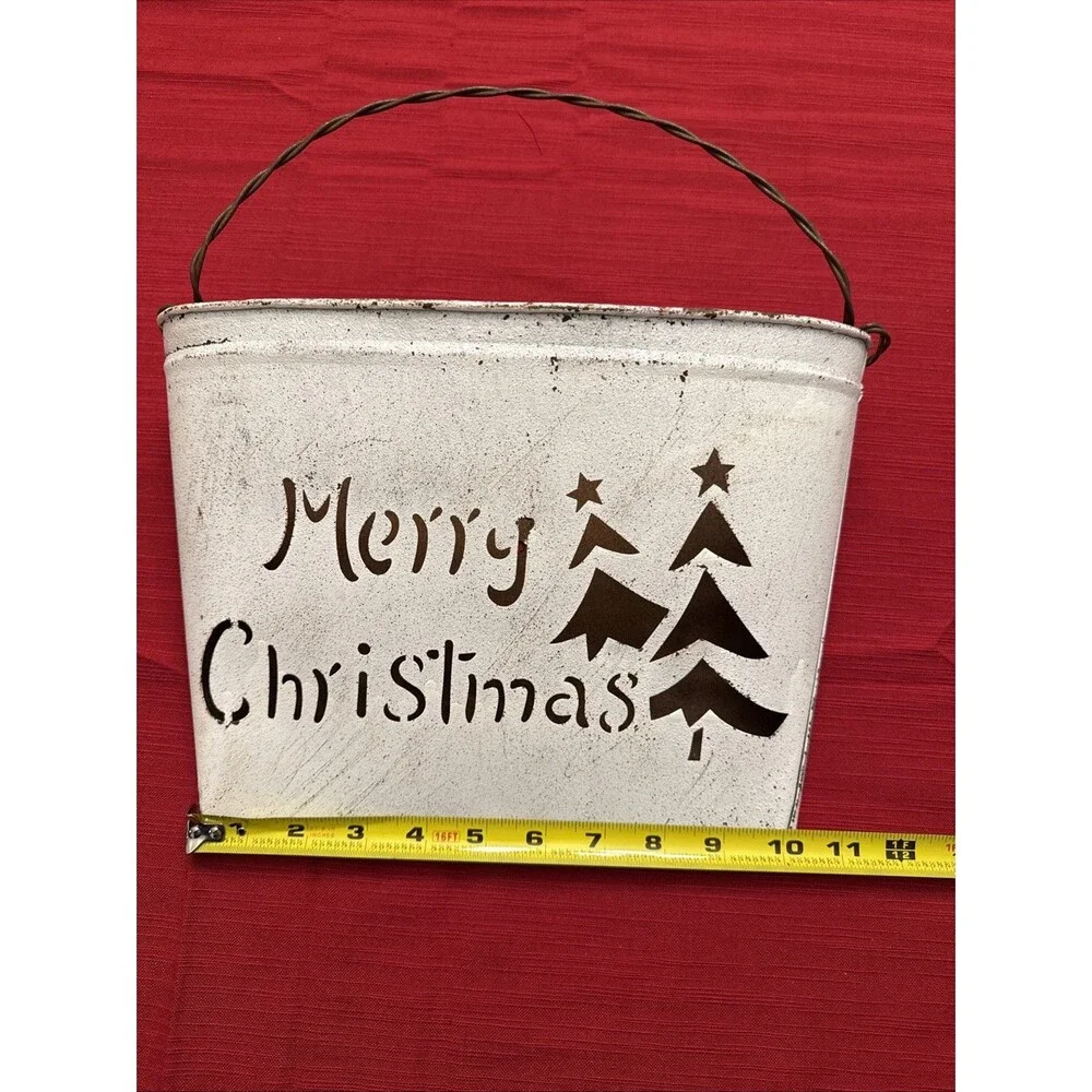 Metal White Wall Pocket Rustic Farmhouse Distressed Merry Christmas Trees cutout